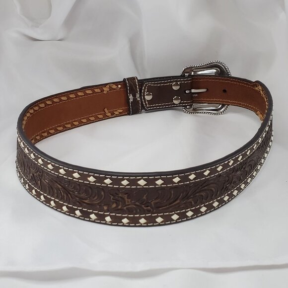 Nocona 32" Men's Western Tapered Floral Tooled Western Belt Silver Buckle - Picture 8 of 9